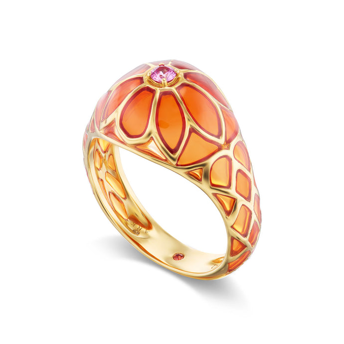 orange pliqu-a-jour ring with a pink sapphire