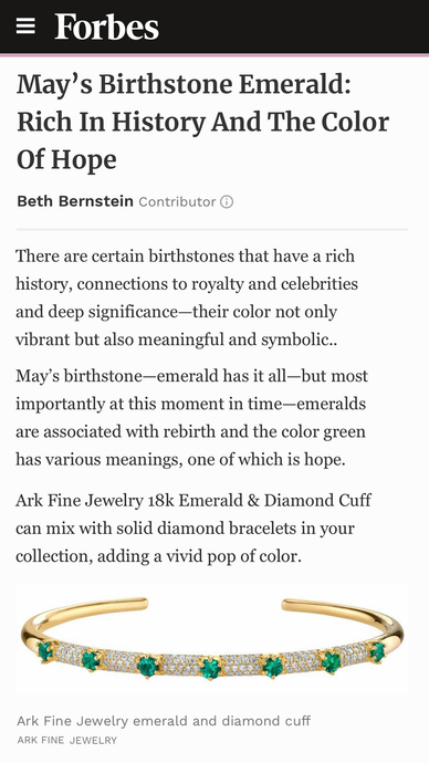 Emerald & Diamond Elixir Gold Cuff featured in Forbes, May’s Birthstone Emerald