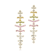 Load image into Gallery viewer, White Diamond, Yellow Sapphire, Peridot, and Pink Sapphire Long Vibrations Earrings in Wildflower