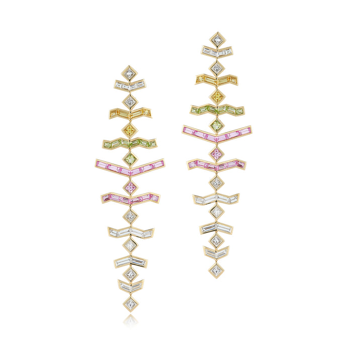 White Diamond, Yellow Sapphire, Peridot, and Pink Sapphire Long Vibrations Earrings in Wildflower