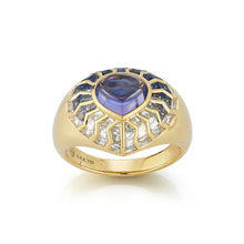 Load image into Gallery viewer, Aphrodite Shield Ring with Blue Tanzanite Cabochon and Blue Aura