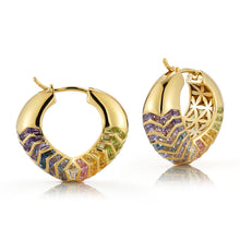 Load image into Gallery viewer, Experience the enchanting allure of our Medium Bubble Shield Hoop Earrings in Feather from a unique 3/4 view. Delight in the captivating blend of colors, reminiscent of the gentle feathering found in watercolor art. Each hoop exudes elegance and sophistication, making them a perfect addition to your jewelry collection.
