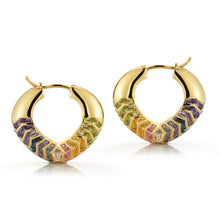 Load image into Gallery viewer, Discover the mesmerizing watercolor-like effect of our Medium Bubble Shield Hoop Earrings in Feather. The side view showcases the graceful blend of hues, reminiscent of the delicate feathering found in watercolor paintings. Elevate your style with these elegant and captivating earrings.