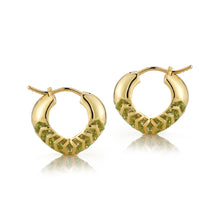 Load image into Gallery viewer,  Small Bubble Shield Hoops in Flora | Handcrafted 18K Yellow Gold Earrings