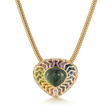 Load image into Gallery viewer, Immerse yourself in the celestial allure of our Wishing Well Shield Necklace in Feather. Featuring a captivating cabochon center enveloped by meticulously hand-cut baguettes, all set in radiant gold, this necklace exudes opulence and sophistication. With its intricate detailing and exquisite craftsmanship, it&#39;s a timeless piece that effortlessly elevates any look, adding a touch of allure and refinement to your ensemble.