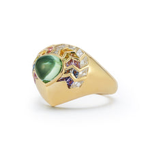 Load image into Gallery viewer, Discover the mesmerizing allure of our Wishing Well Shield Ring in Feather from a unique angle. This captivating piece showcases its intricate details and exquisite craftsmanship, revealing the intricate arrangement of hand-carved multi-colored stones and diamonds. With its graceful curves and vibrant gemstones, this ring is a true testament to sophistication and style.