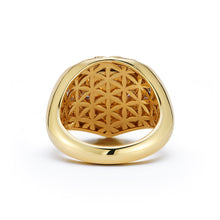 Load image into Gallery viewer, Explore the hidden beauty of our Wishing Well Shield Ring in Feather from an inside perspective, revealing the intricate Flower of Life pattern. Delicately etched and meticulously crafted, this symbolic design adds depth and meaning to the stunning arrangement of hand-carved multi-colored stones and diamonds. Experience the harmonious blend of artistry and elegance in every detail.