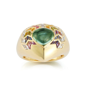 Wishing Well Shield Ring with Seafoam Green Tourmaline Cabochon in Feather