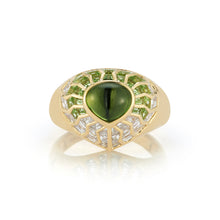 Load image into Gallery viewer, Elevate your style with our Aphrodite Shield Ring featuring a radiant peridot cabochon. Encircled by hand-cut peridot and diamonds, it exudes timeless elegance. This captivating piece brings charm and sophistication to any look, making it a must-have addition to your collection.
