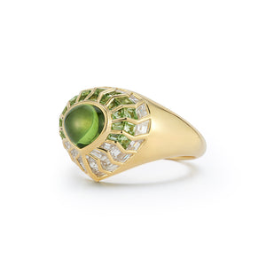Aphrodite Green Peridot Cabochon Shield Ring with Chartreuse Aura