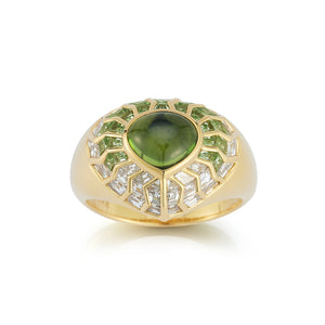 Aphrodite Green Peridot Cabochon Shield Ring with Chartreuse Aura