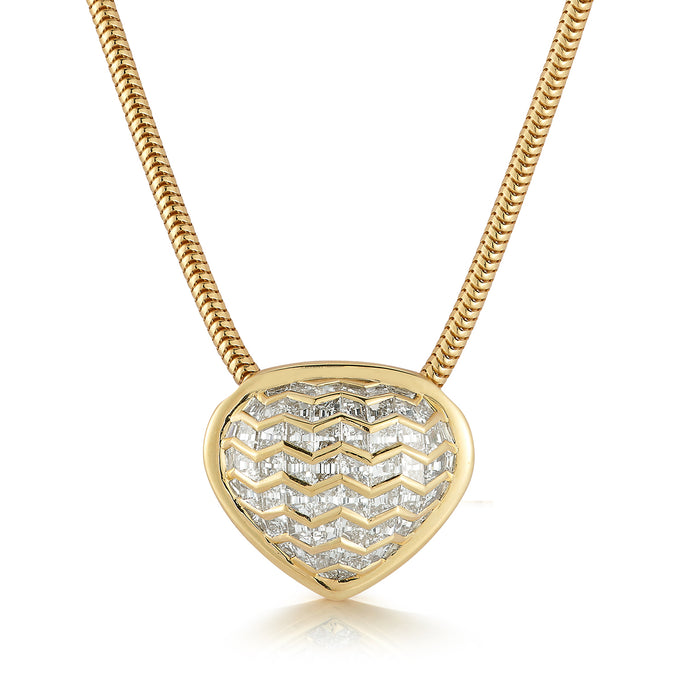 custom made shield necklace with hand cut white diamonds handset in gold