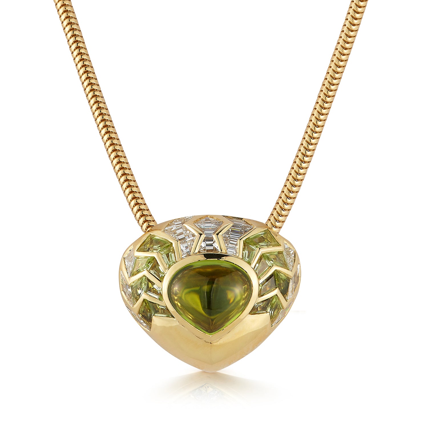 Handcrafted 18K Yellow Gold Shield Pendant with Diamonds and Peridot