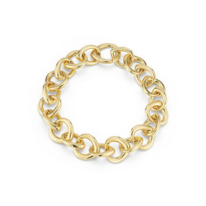Yellow Gold large link made to order bracelet. Links are the shape of a shield